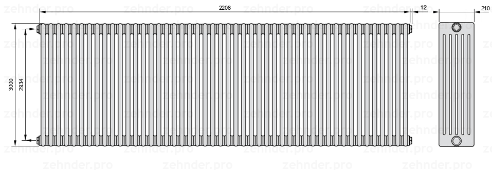 Схема (чертеж) Радиатор Zehnder Charleston 6300/48 №1270 Белый глянцевый RAL 9016